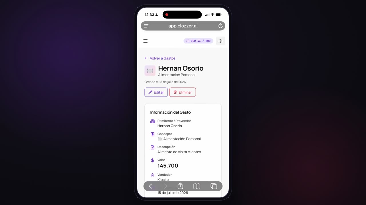 Detalle de un gasto con su comprobante extraído en Clozzer
