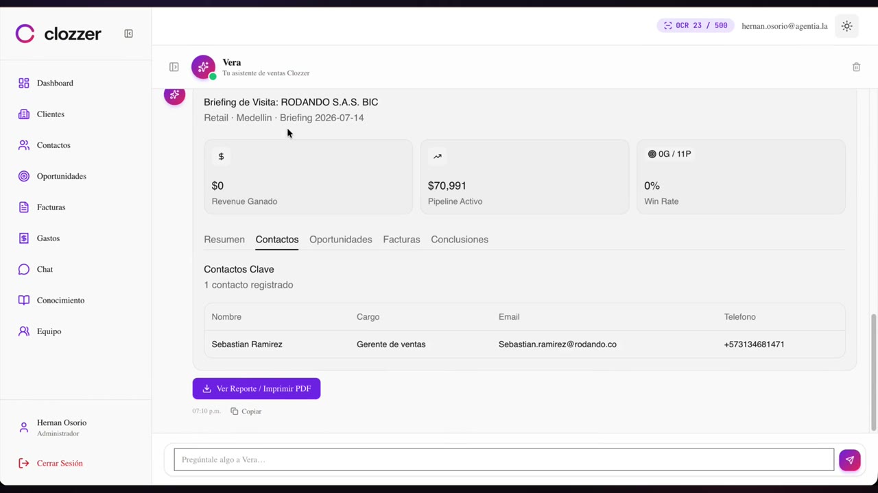 Un briefing de visita con pipeline y oportunidades de un cliente