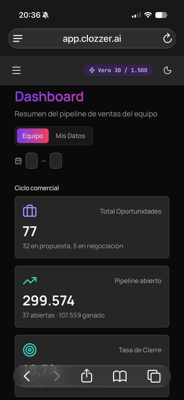 The same Clozzer dashboard on a phone — pipeline KPIs and the Vera message counter