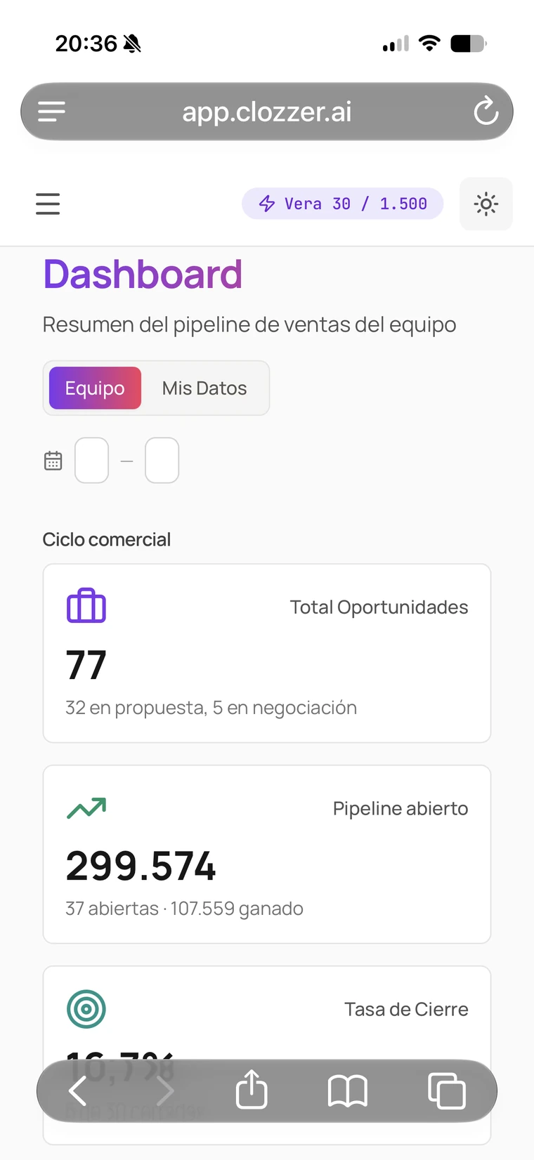 The same Clozzer dashboard on a phone — pipeline KPIs and the Vera message counter
