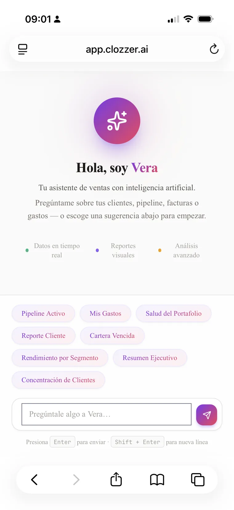 Vera, the Clozzer AI sales assistant, on a phone — ready to answer questions about clients, pipeline, and expenses
