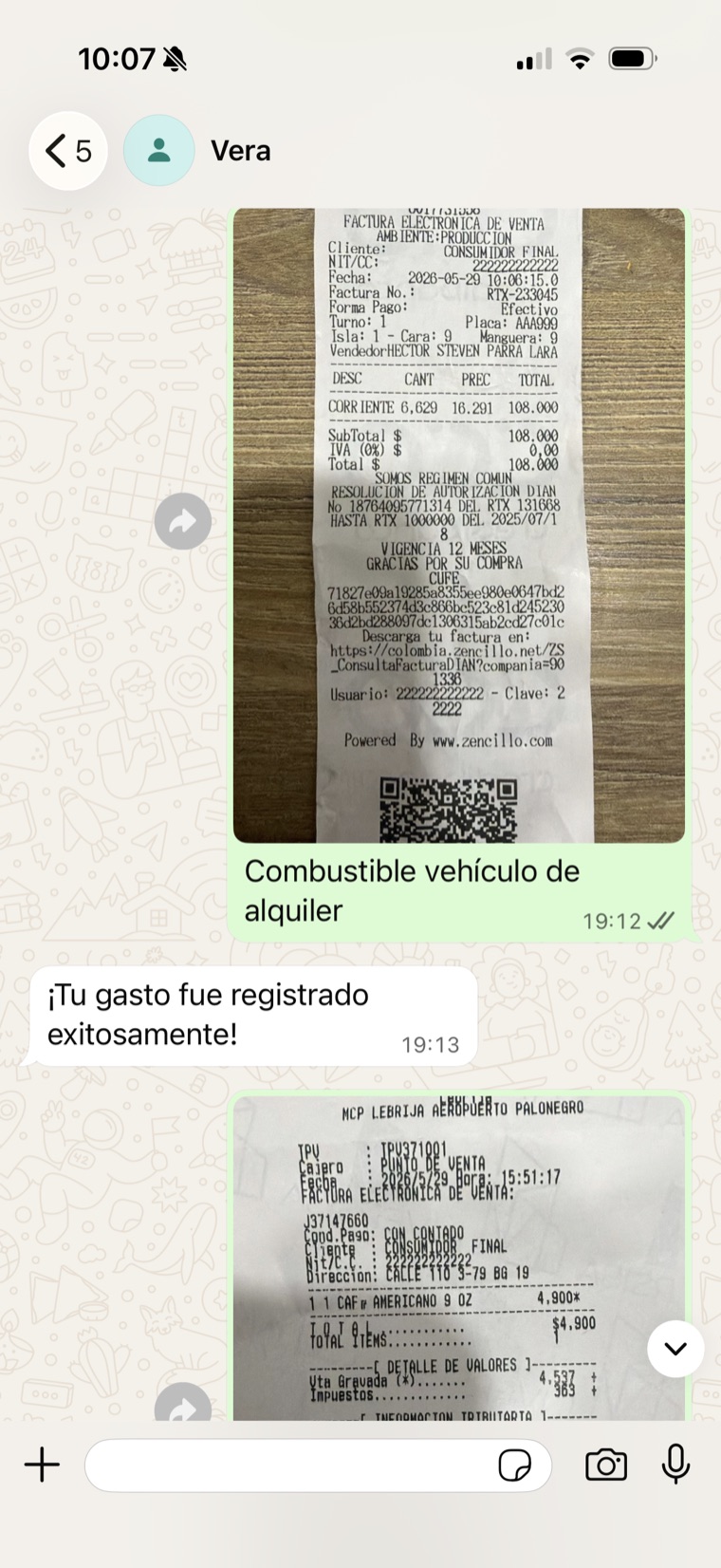 A rep sends a receipt to Vera on WhatsApp and gets an instant confirmation that the expense was registered