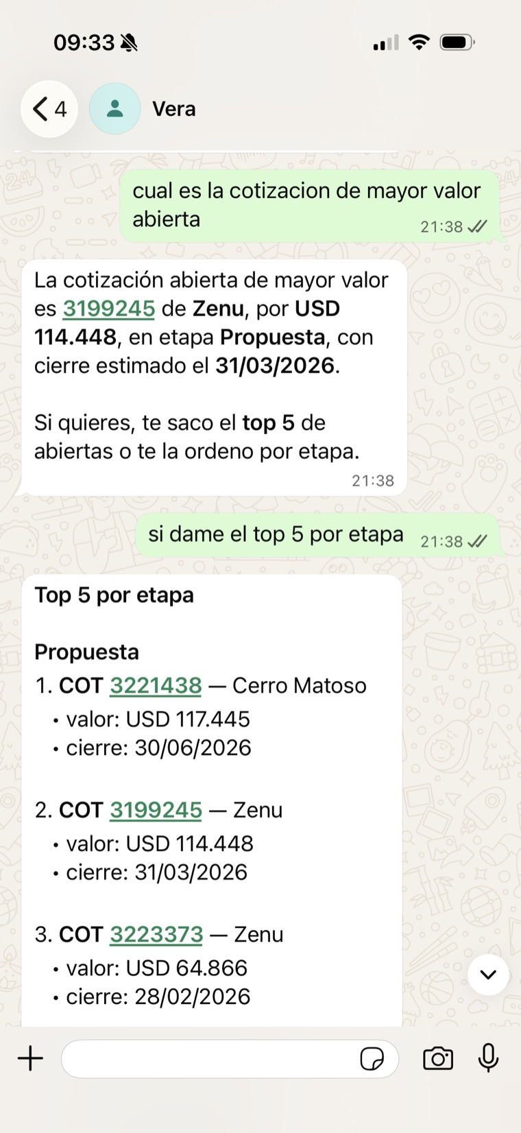 A real WhatsApp chat with Vera: the rep asks for the highest-value open quote and Vera replies with the client, value and a top-5 by stage